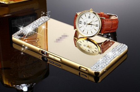 Добави още лукс Бъмпъри за телефони Луксозен алуминиев бъмпър с огледален гръб и камъни златист за Huawei Y625
